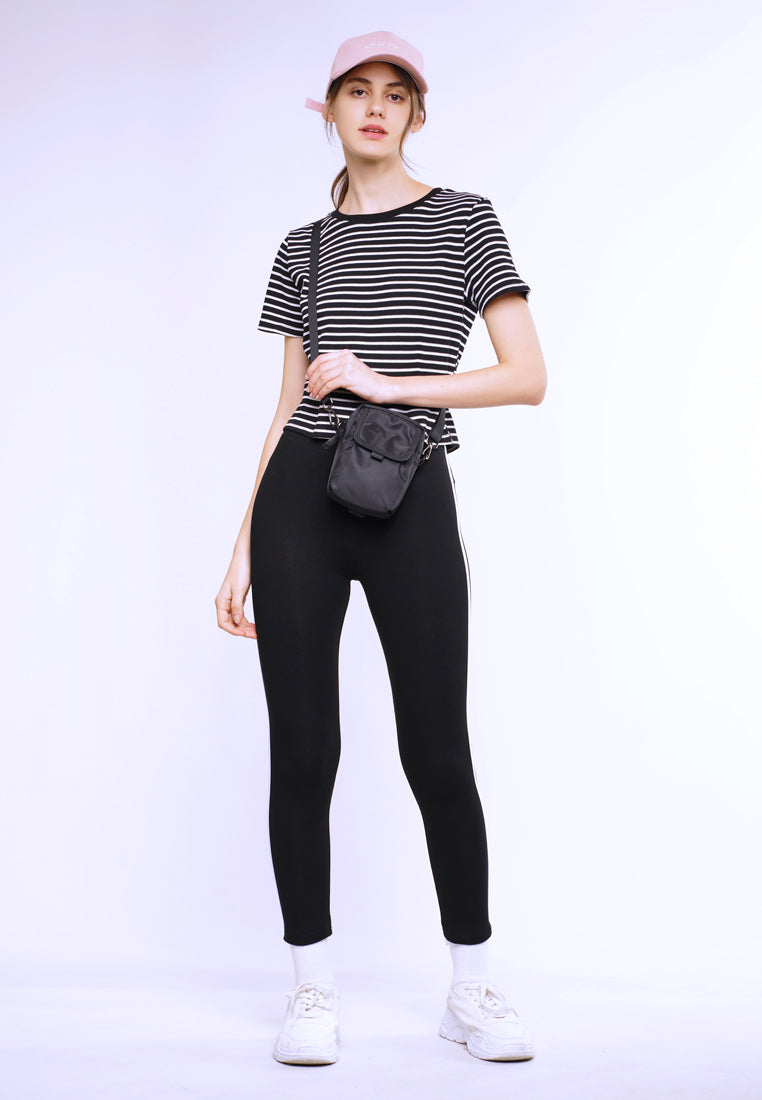 Women Stripe Knit Blouse Short Sleeve - Black - YUM2F3755
