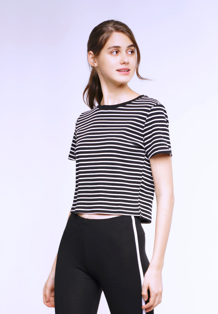 Women Stripe Knit Blouse Short Sleeve - Black - YUM2F3755