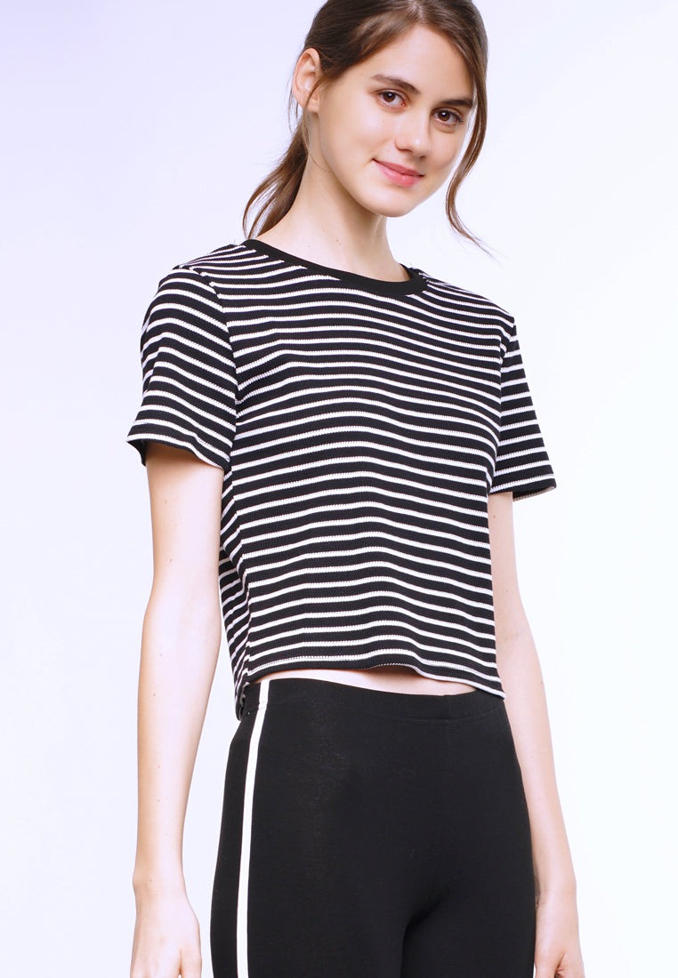 Women Stripe Knit Blouse Short Sleeve - Black - YUM2F3755