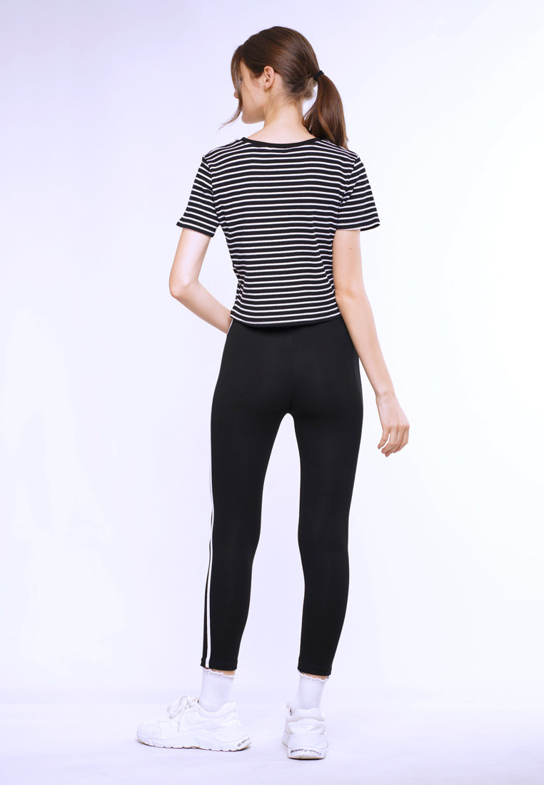 Women Stripe Knit Blouse Short Sleeve - Black - YUM2F3755
