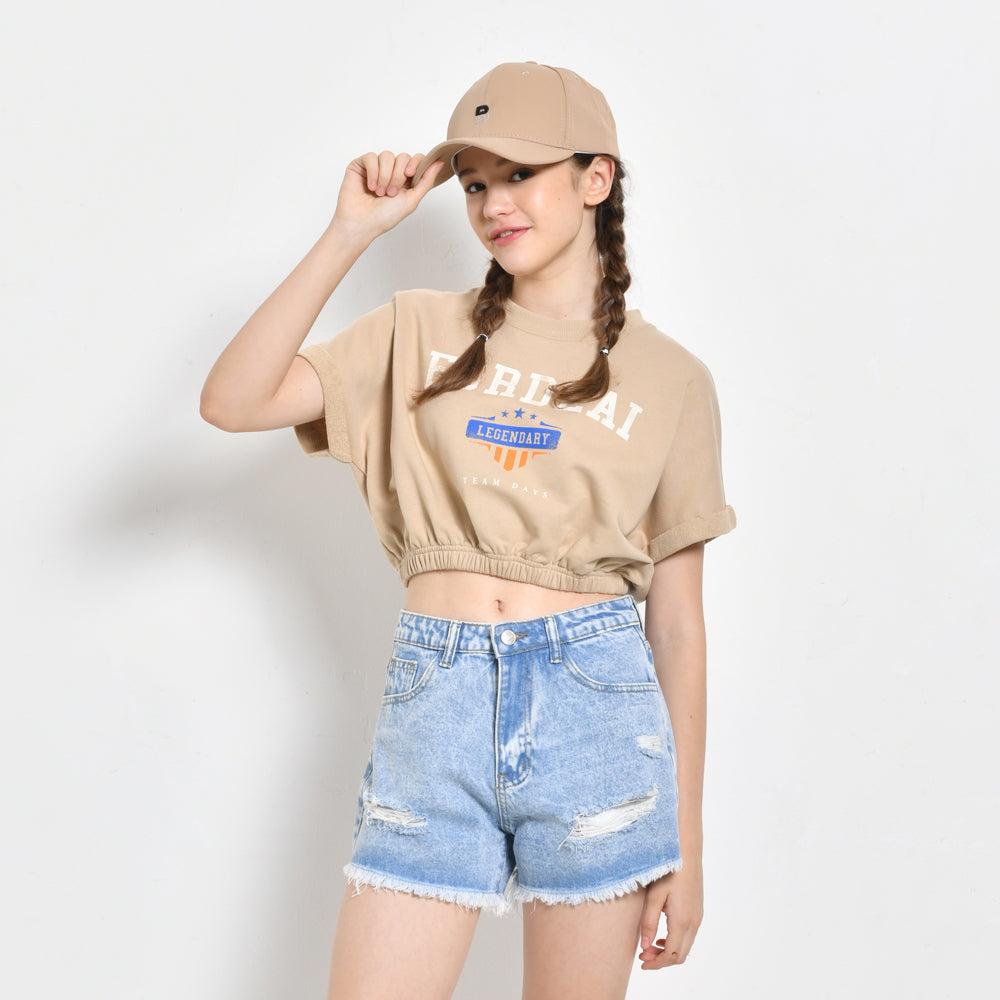Women Short Sleeve Sweatshirt Crop Top - Dark Khaki - SKH2F4345