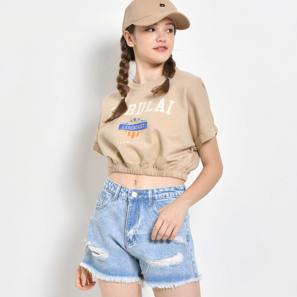 Women Short Sleeve Sweatshirt Crop Top - Dark Khaki - SKH2F4345