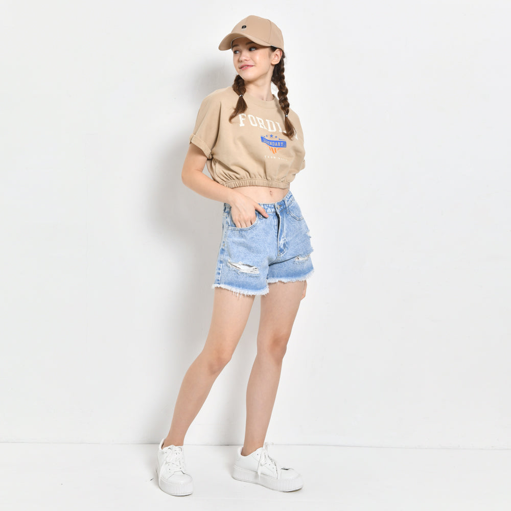 Women Short Sleeve Sweatshirt Crop Top - Dark Khaki - SKH2F4345