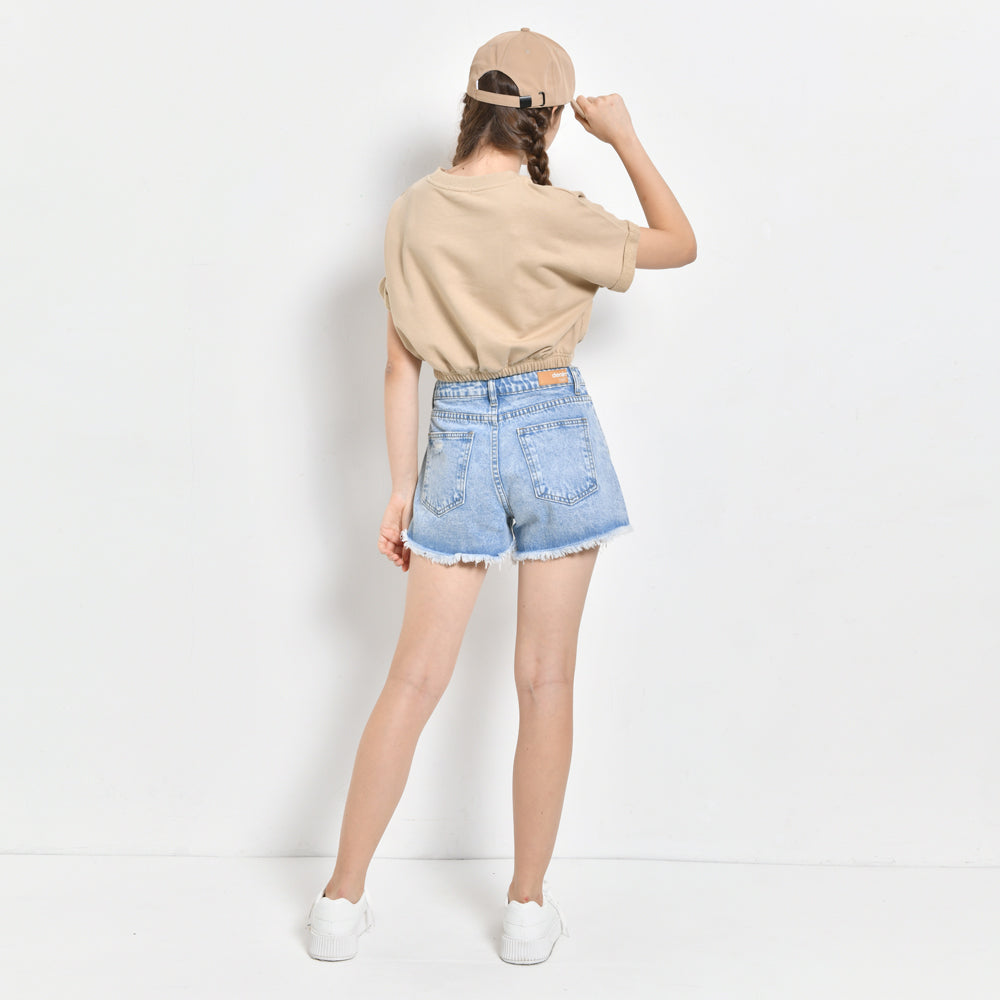 Women Short Sleeve Sweatshirt Crop Top - Dark Khaki - SKH2F4345