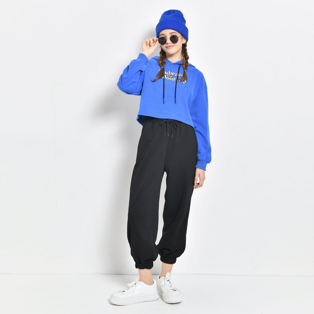 Women Sweatshirt Crop Top Long Sleeve Hoodie - Blue - CMH2F4331