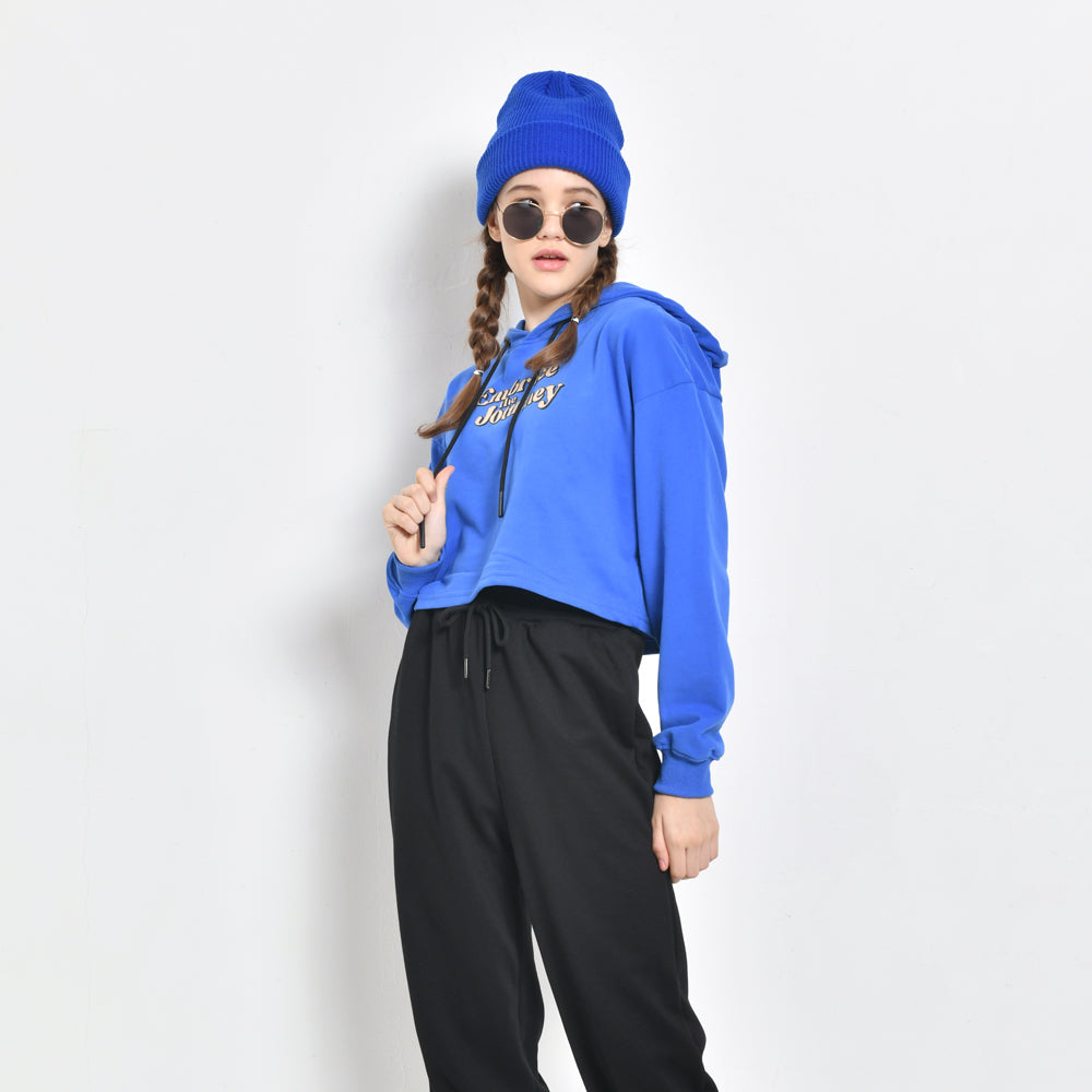 Women Sweatshirt Crop Top Long Sleeve Hoodie - Blue - CMH2F4331