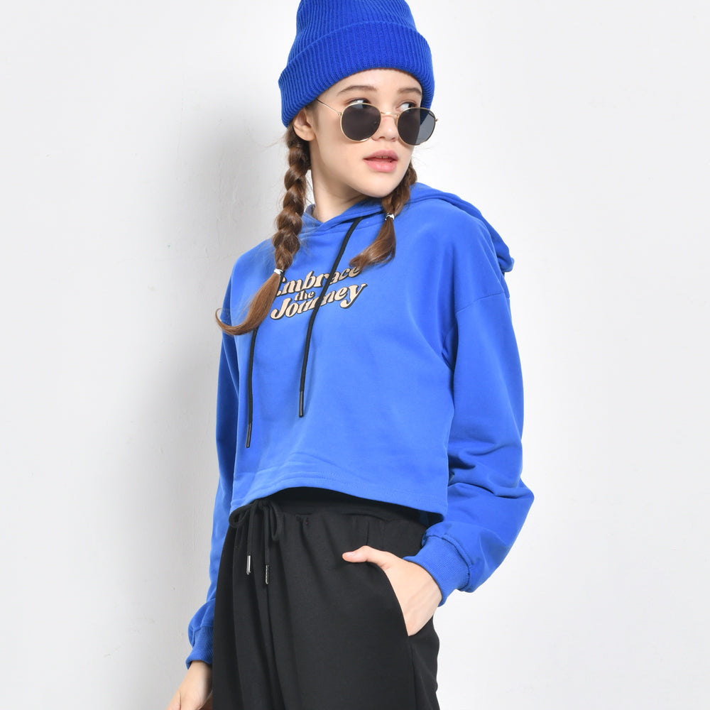 Women Sweatshirt Crop Top Long Sleeve Hoodie - Blue - CMH2F4331