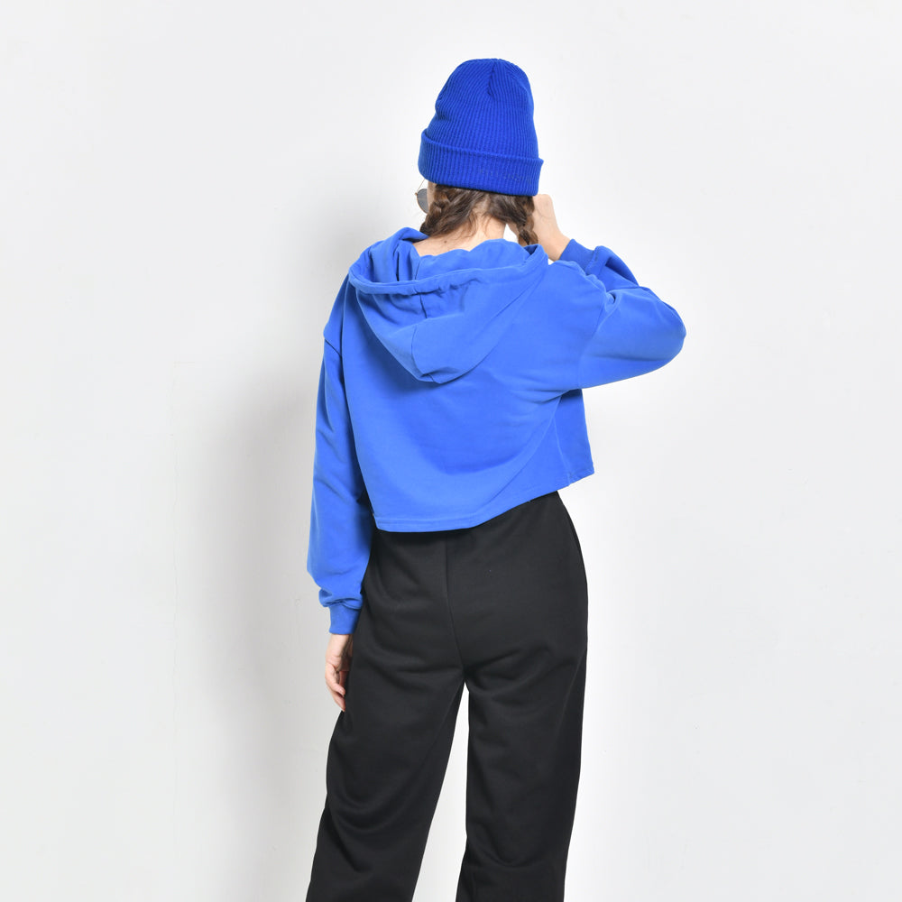 Women Sweatshirt Crop Top Long Sleeve Hoodie - Blue - CMH2F4331