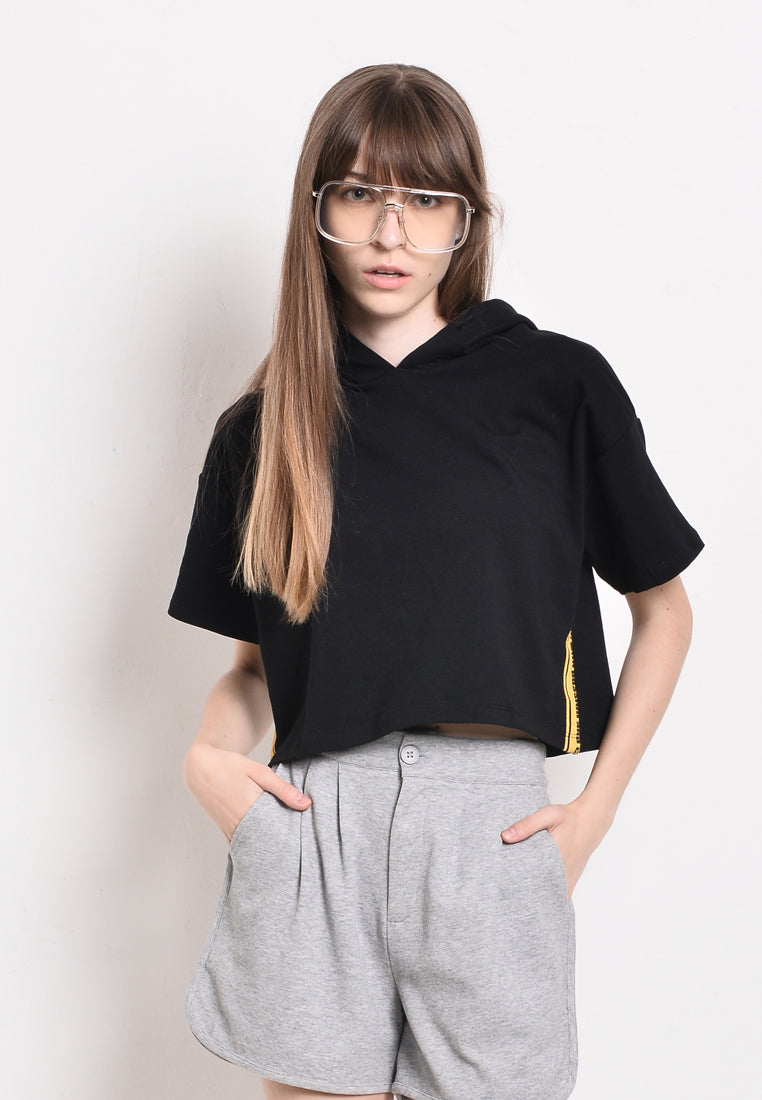 Women Short Sleeve Sweatshirt Hoodies - Black - YCF2F3984