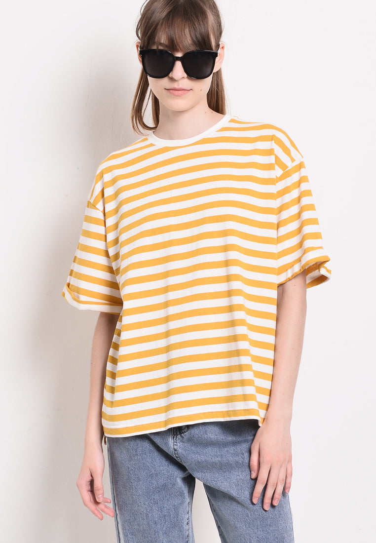 Women Stripe Knit Short Sleeve Top - Yellow - SKF2F4249