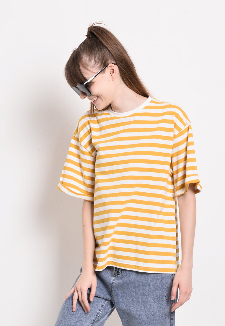 Women Stripe Knit Short Sleeve Top - Yellow - SKF2F4249