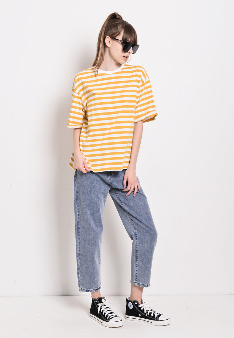 Women Stripe Knit Short Sleeve Top - Yellow - SKF2F4249