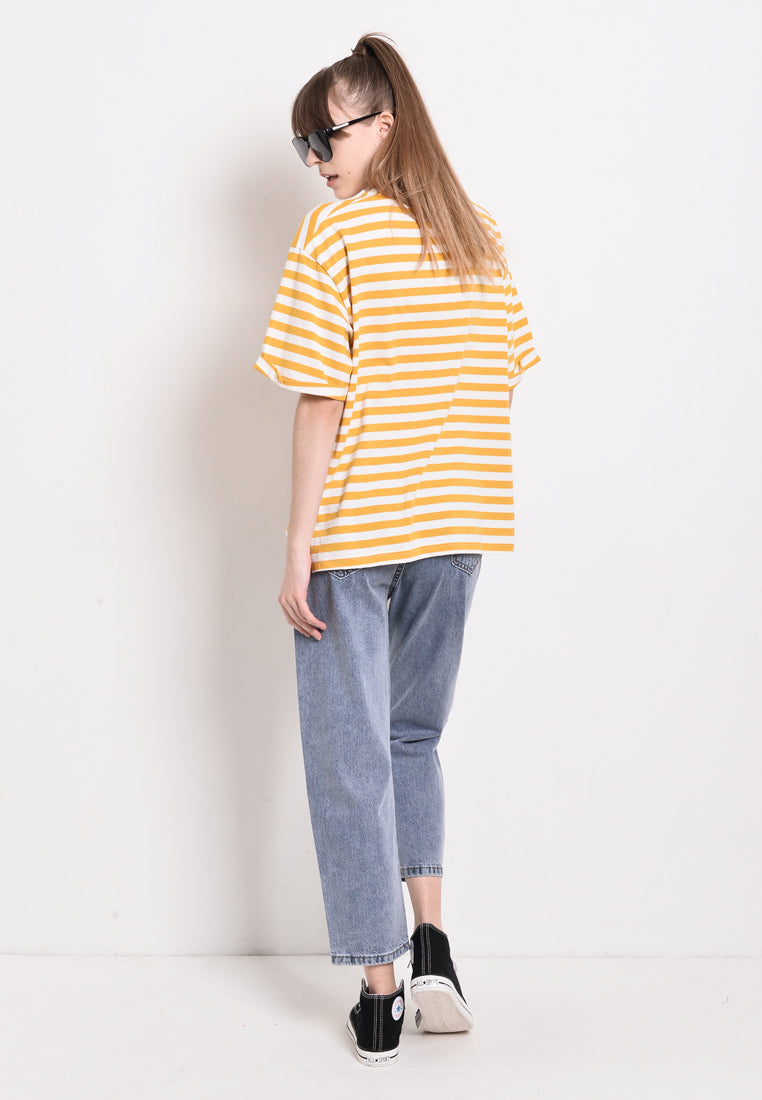 Women Stripe Knit Short Sleeve Top - Yellow - SKF2F4249