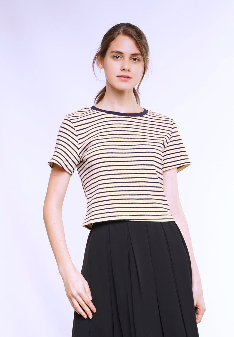 Women Stripe Knit Blouse Short Sleeve - Beige - YUM2F3757