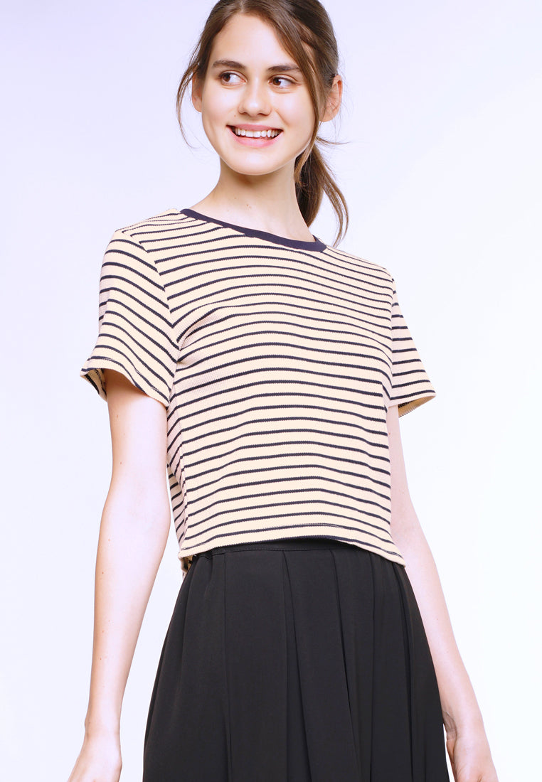 Women Stripe Knit Blouse Short Sleeve - Beige - YUM2F3757