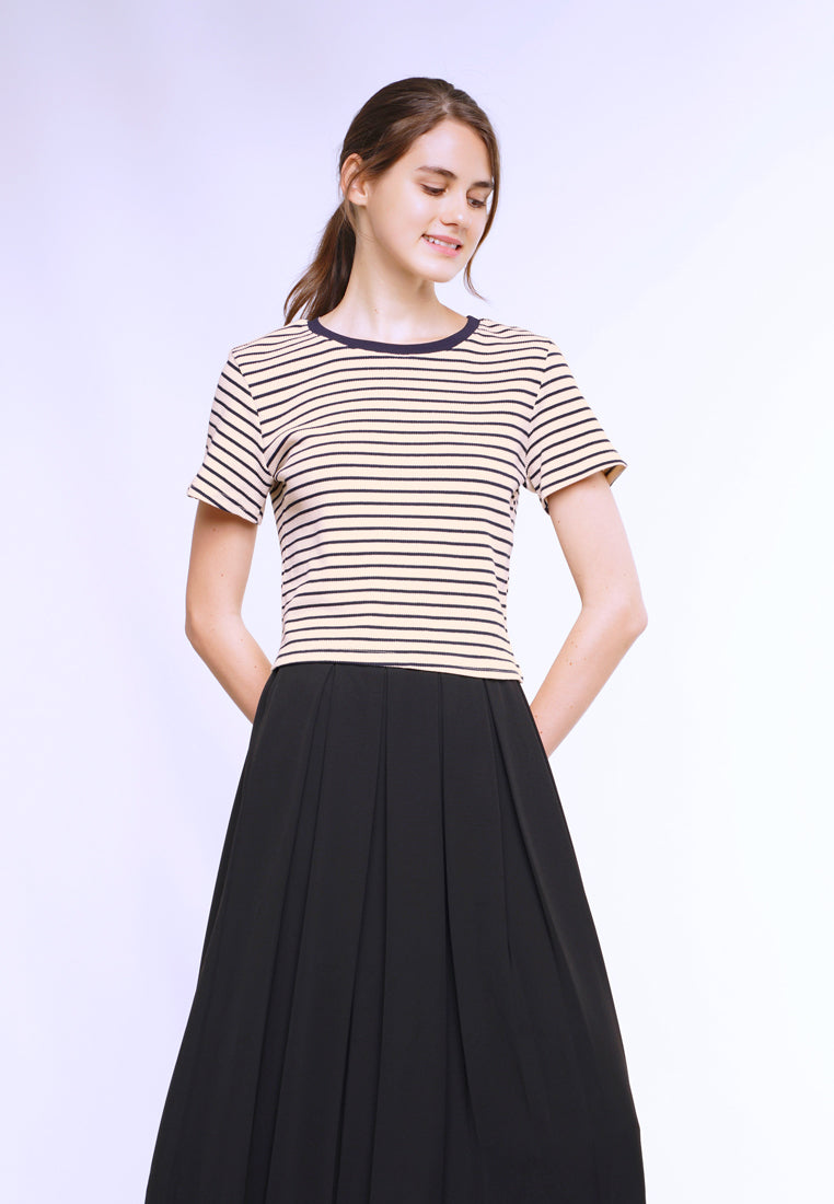 Women Stripe Knit Blouse Short Sleeve - Beige - YUM2F3757