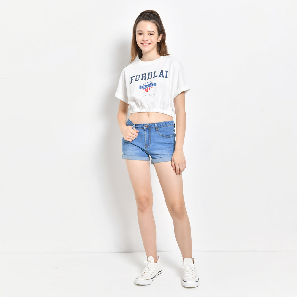 Women Short Sleeve Sweatshirt Crop Top - White - SKH2F4346