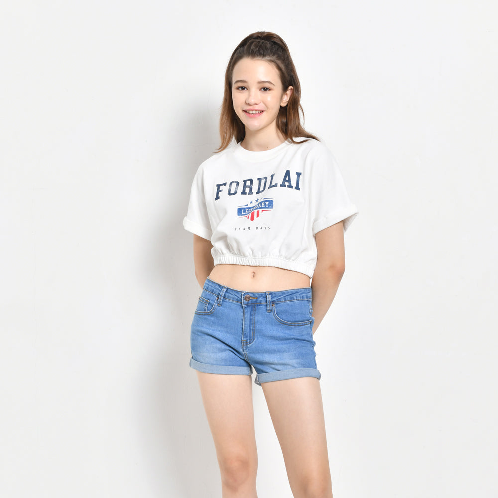 Women Short Sleeve Sweatshirt Crop Top - White - SKH2F4346