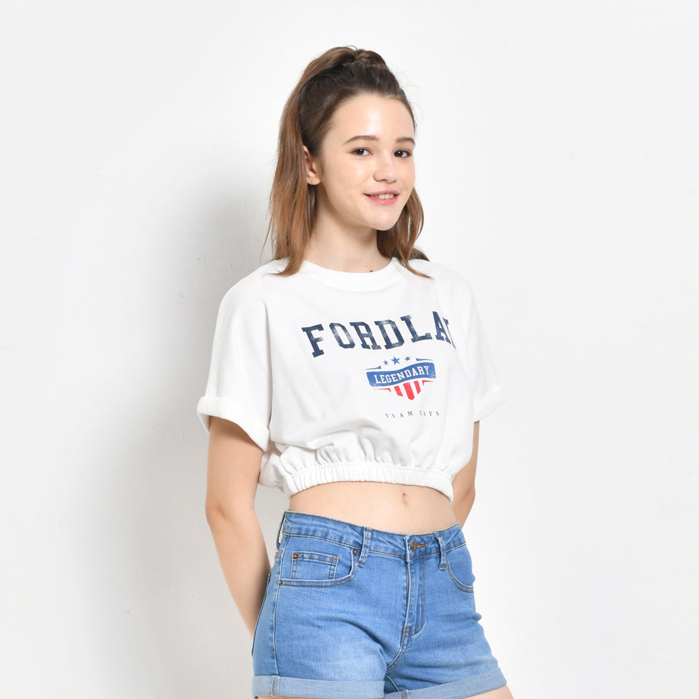 Women Short Sleeve Sweatshirt Crop Top - White - SKH2F4346