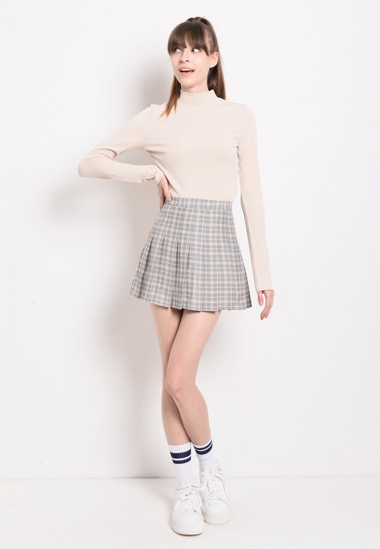 Women Tartan Plaid Pleated Short Skirt - Grey - BNM2F4041