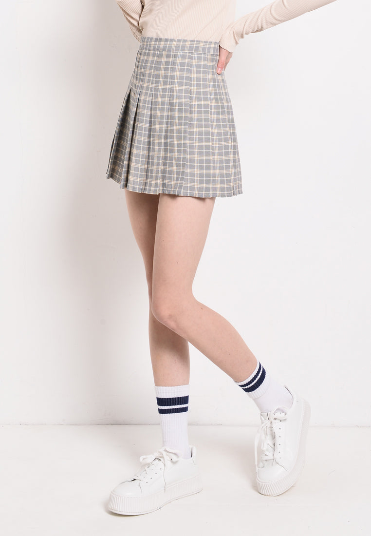 Women Tartan Plaid Pleated Short Skirt - Grey - BNM2F4041