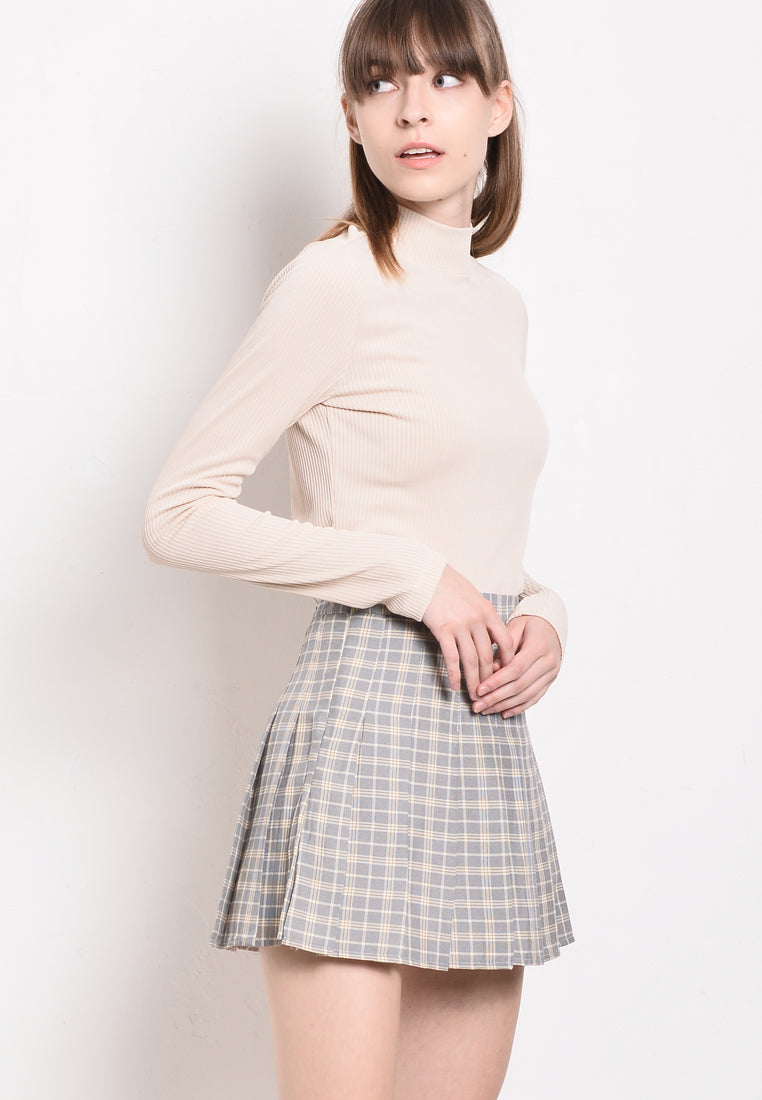 Women Tartan Plaid Pleated Short Skirt - Grey - BNM2F4041