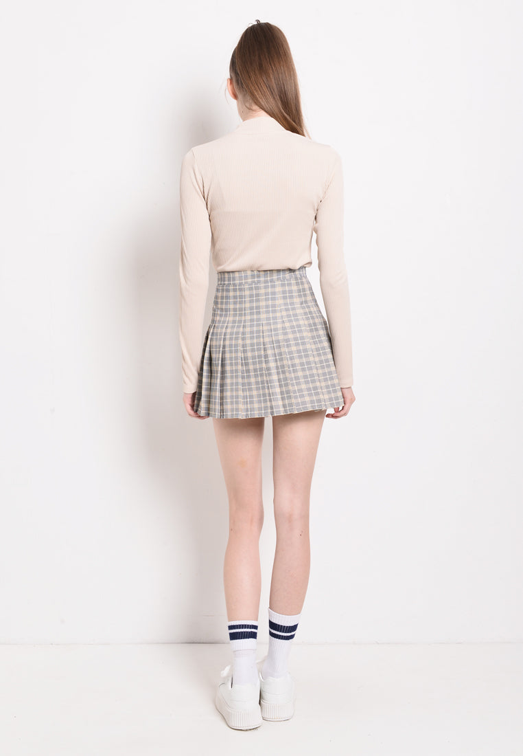 Women Tartan Plaid Pleated Short Skirt - Grey - BNM2F4041