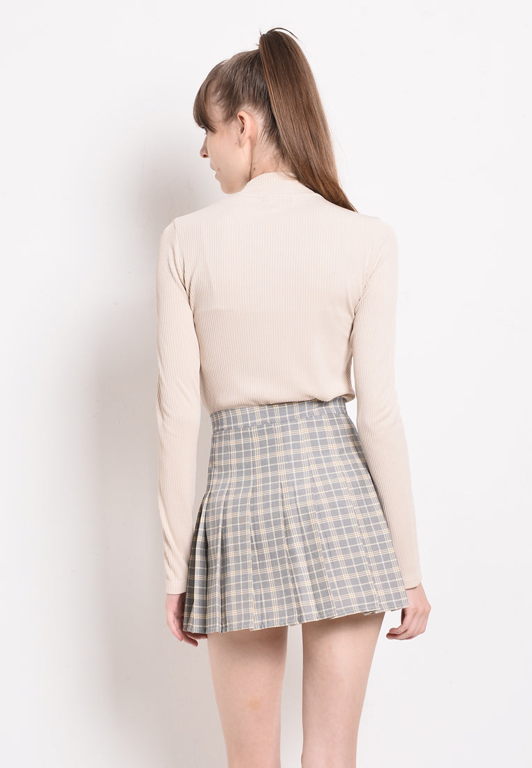 Women Tartan Plaid Pleated Short Skirt - Grey - BNM2F4041