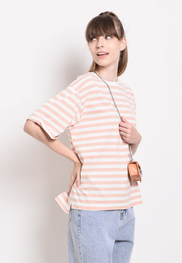 Women Stripe Knit Short Sleeve Top - Pink - SKF2F4248