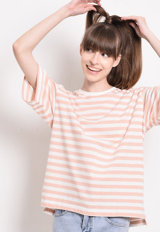 Women Stripe Knit Short Sleeve Top - Pink - SKF2F4248