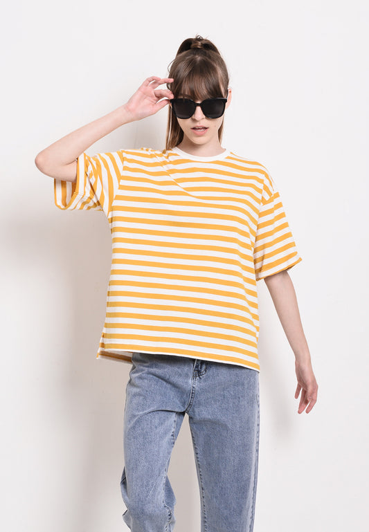 Women Stripe Knit Short Sleeve Top - Yellow - SKF2F4249